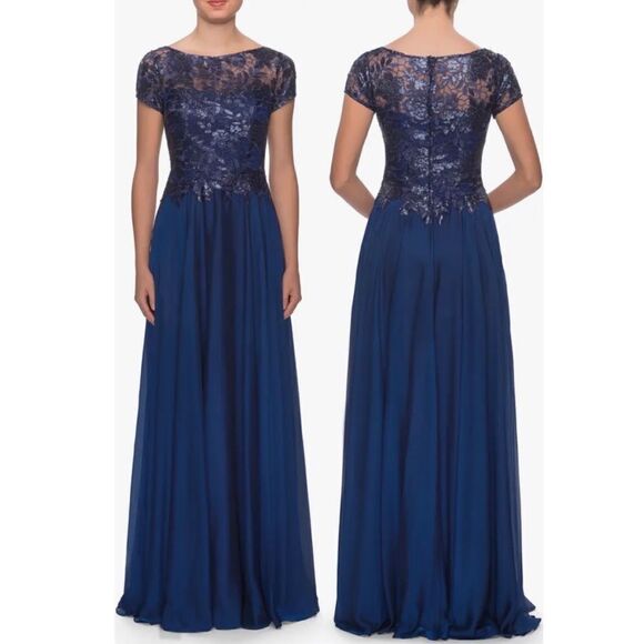 La Femme Floral Lace and Satin Navy Blue Short Sleeve Formal Gown Size 16 NWT - Picture 1 of 3